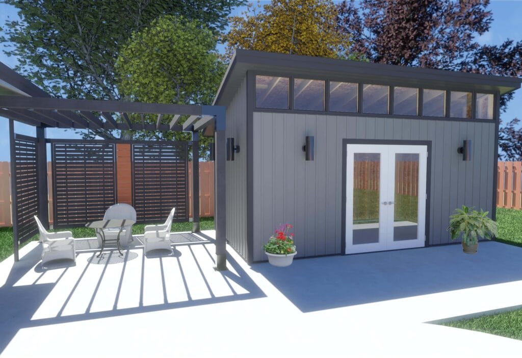 3D Generated modern patio with furniture and garden shed